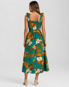 Tropical Floral Smocked Midi Dress - Tie Shoulder Summer Beach Vacation Sundress - Luxxella