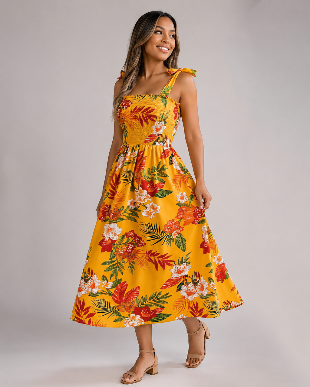 Tropical Floral Smocked Midi Dress - Tie Shoulder Summer Beach Vacation Sundress - Luxxella
