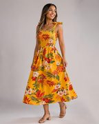 Tropical Floral Smocked Midi Dress - Tie Shoulder Summer Beach Vacation Sundress - Luxxella