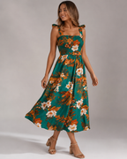 Tropical Floral Smocked Midi Dress - Tie Shoulder Summer Beach Vacation Sundress - Luxxella