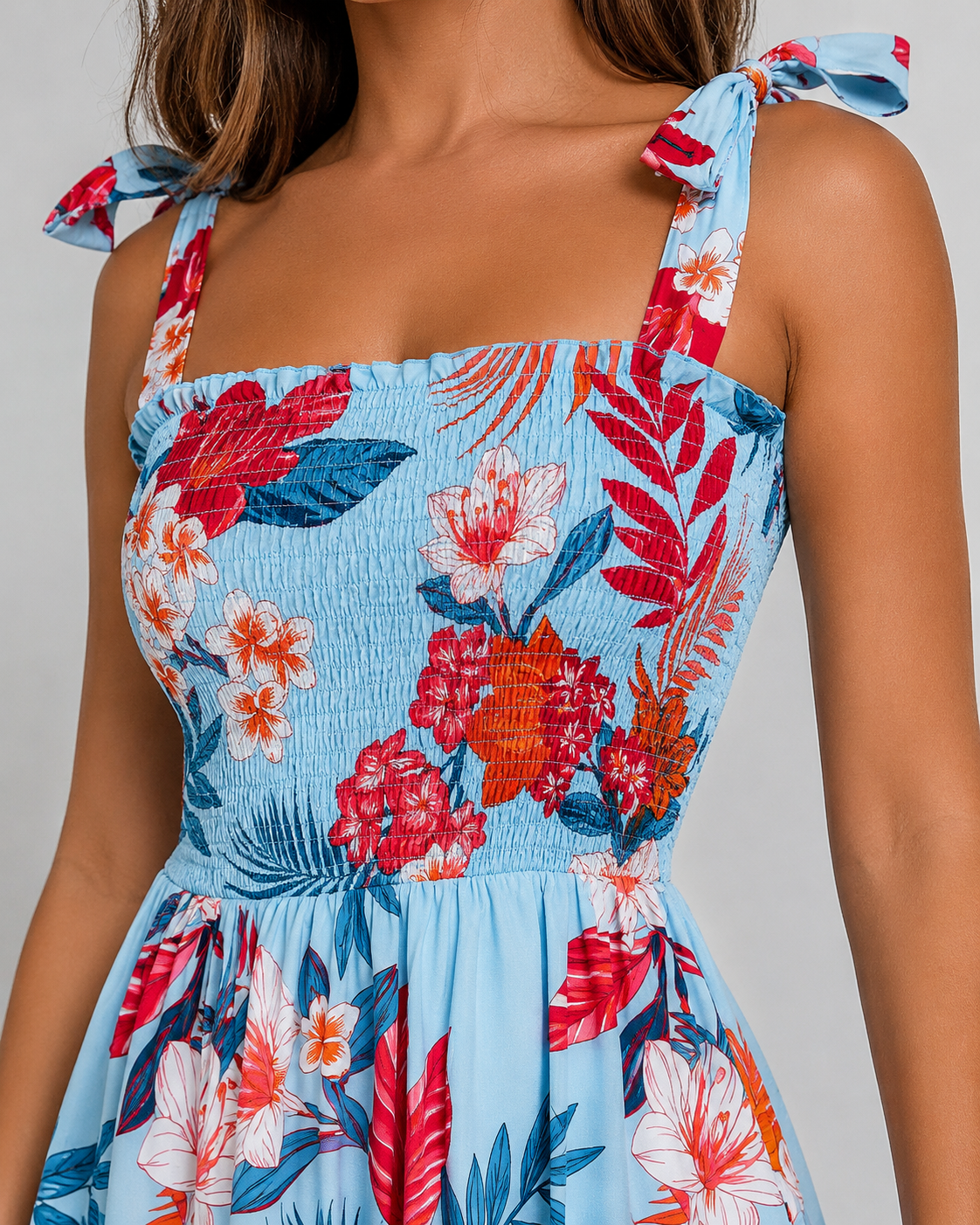 Tropical Floral Smocked Midi Dress - Tie Shoulder Summer Beach Vacation Sundress - Luxxella