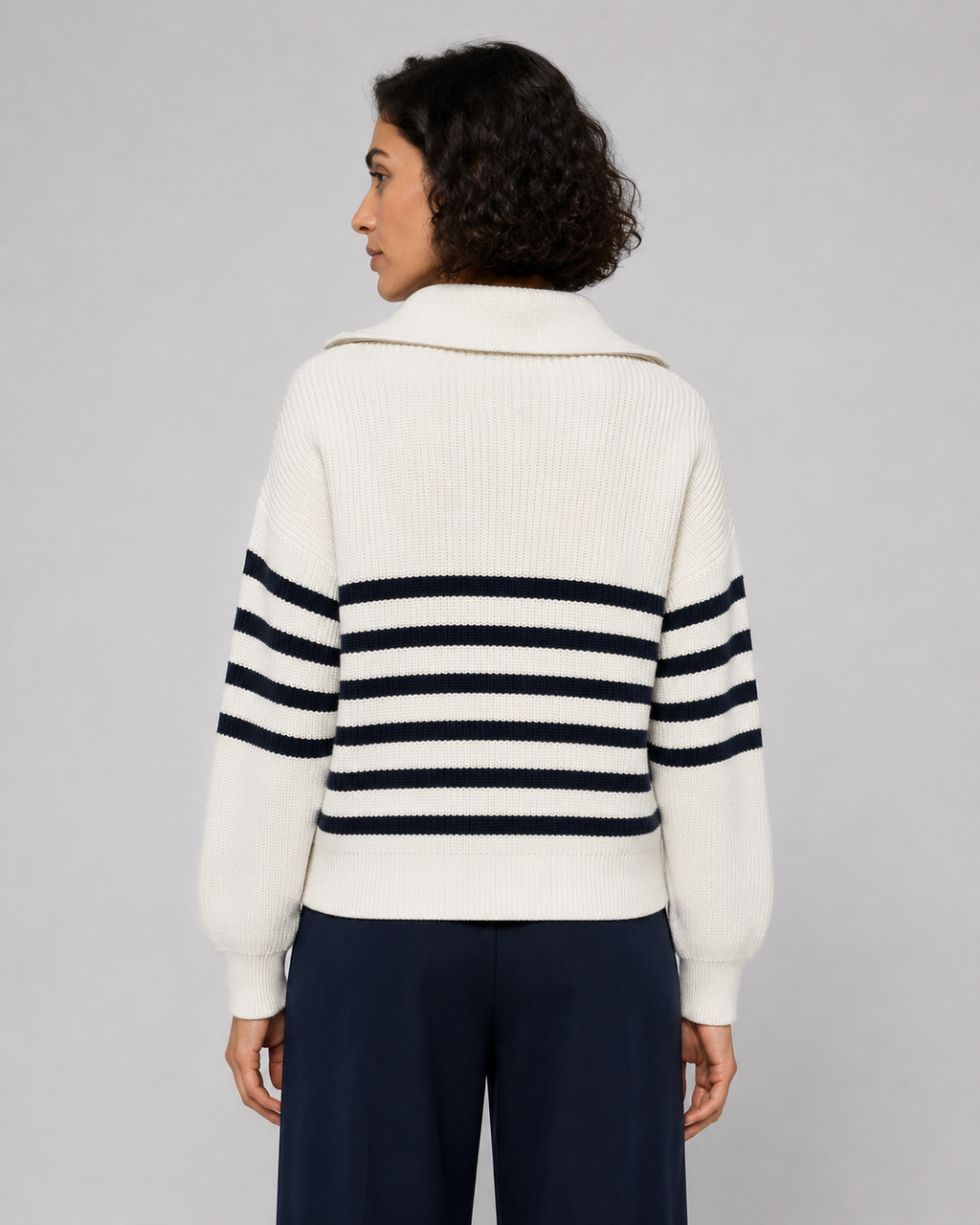 Women’s Breton Stripe Quarter-Zip Jumper - Fall Winter Heavyweight Wool-Cotton Sweater - Luxxella