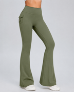High Waisted Flare Leggings - Yoga Pants with Cargo Pocket Flap Workout Trousers - Luxxella