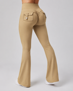High Waisted Flare Leggings - Yoga Pants with Cargo Pocket Flap Workout Trousers - Luxxella