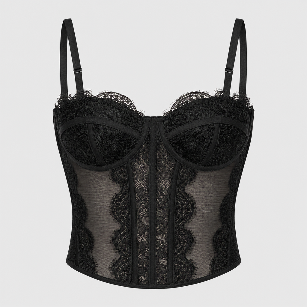 Women's Lace Corset Top - Sheer Mesh Boned Bustier Going Out Crop Camisole