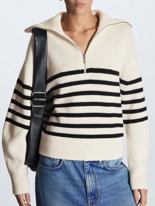 Women’s Breton Stripe Quarter-Zip Jumper - Fall Winter Heavyweight Wool-Cotton Sweater