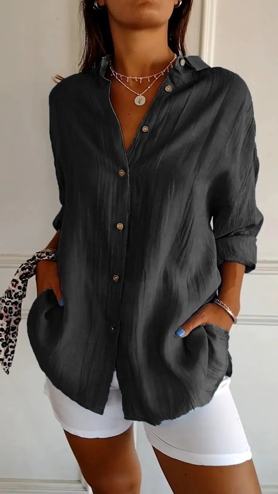 Pleated Long-Sleeve Shirt – Single-Breasted Lapel Top