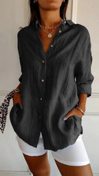 Pleated Long-Sleeve Shirt – Single-Breasted Lapel Top - Luxxella