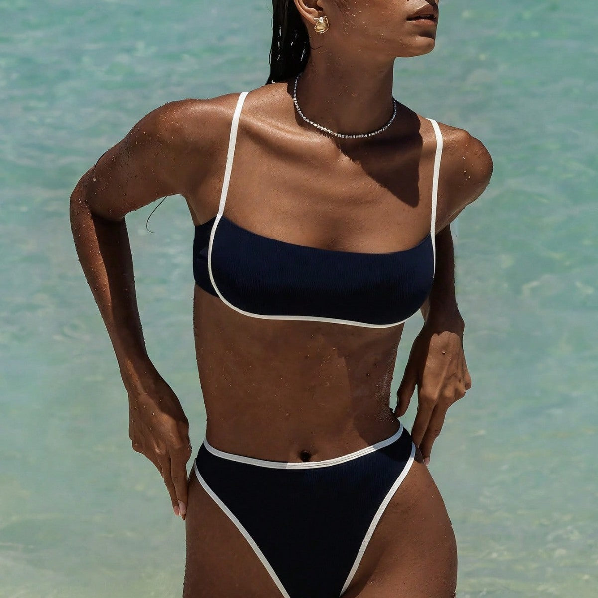 Two Piece Bikini Set – High Waisted Contrast Trim Swimsuit - Luxxella