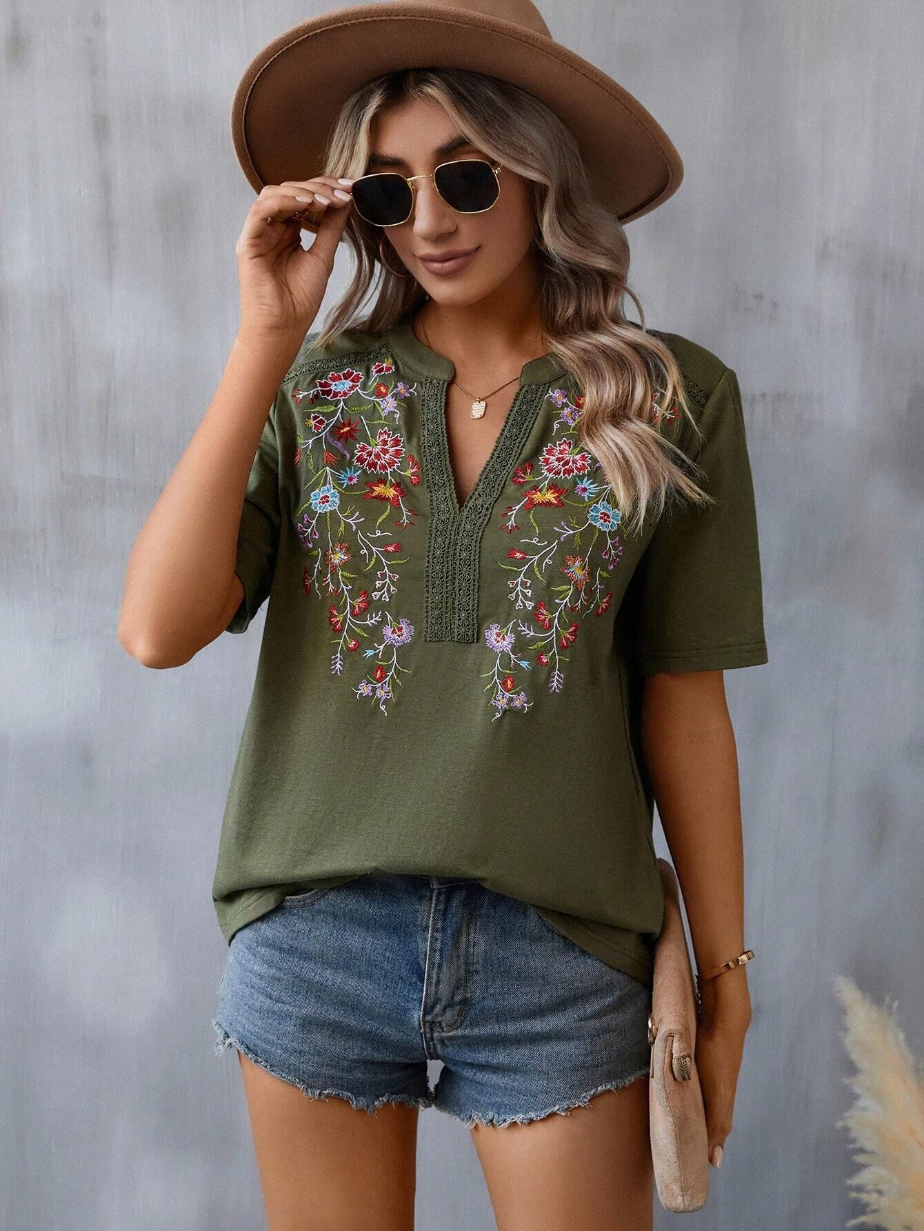 Floral Embroidered Blouse – Short Sleeve V Neck Summer Top - Luxxella