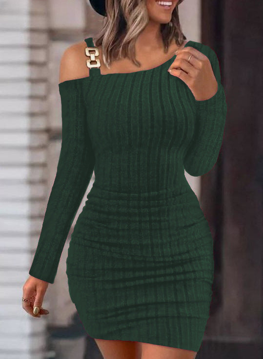 Damen Bodycon-Strickkleid mit langen Ärmeln und Schulterschnalle