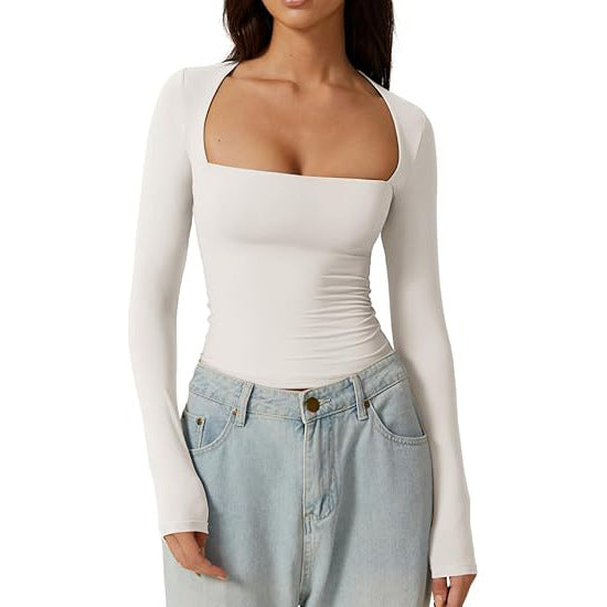 T-shirt pull moulant à manches longues et col carré pour femme