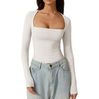 Square Neck Long Sleeve Slim Fit Pullover T‑Shirt