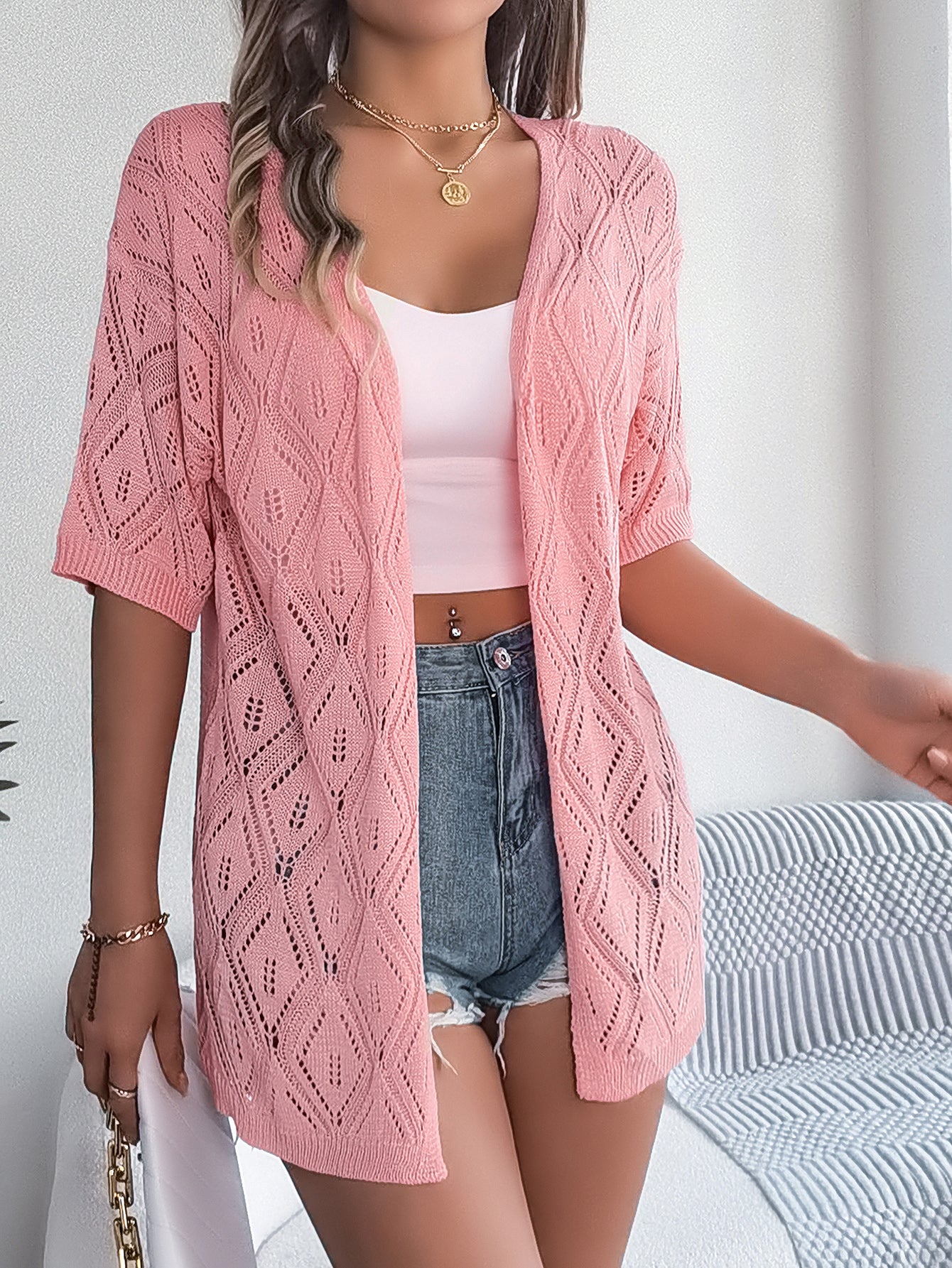 Open Front Crochet Knit Cover Up – Short Sleeve Beach Cardigan - Luxxella