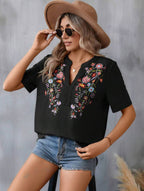 Floral Embroidered Blouse – Short Sleeve V Neck Summer Top - Luxxella