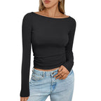 Slim Long‑Sleeve Crop Top – Solid Round Neck Casual Ribbed Shirt - Luxxella