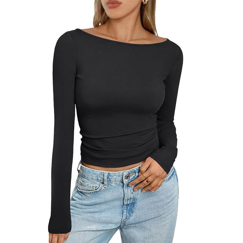 Slim Long‑Sleeve Crop Top – Solid Round Neck Casual Ribbed Shirt - Luxxella