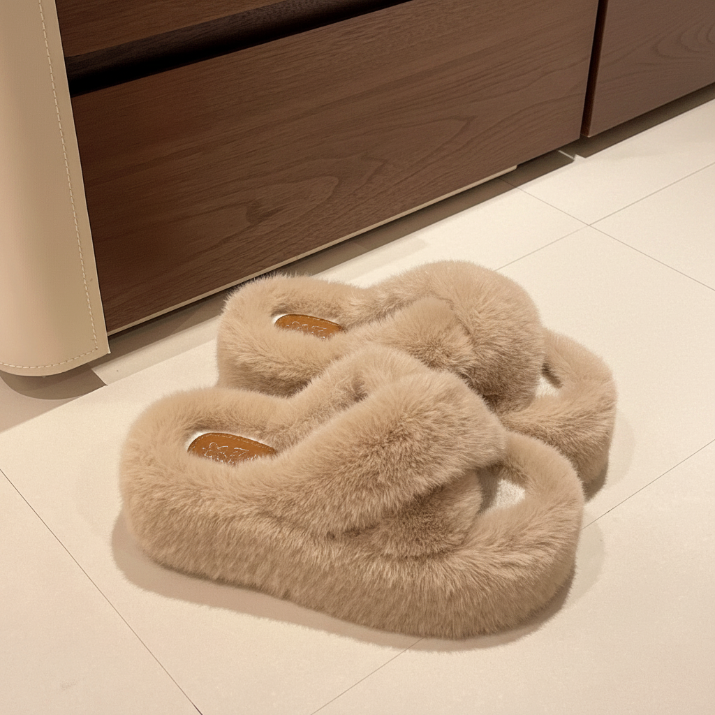 Beige Faux Fur Slippers - No Box