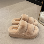 Beige Parallel Faux Fur Slippers
