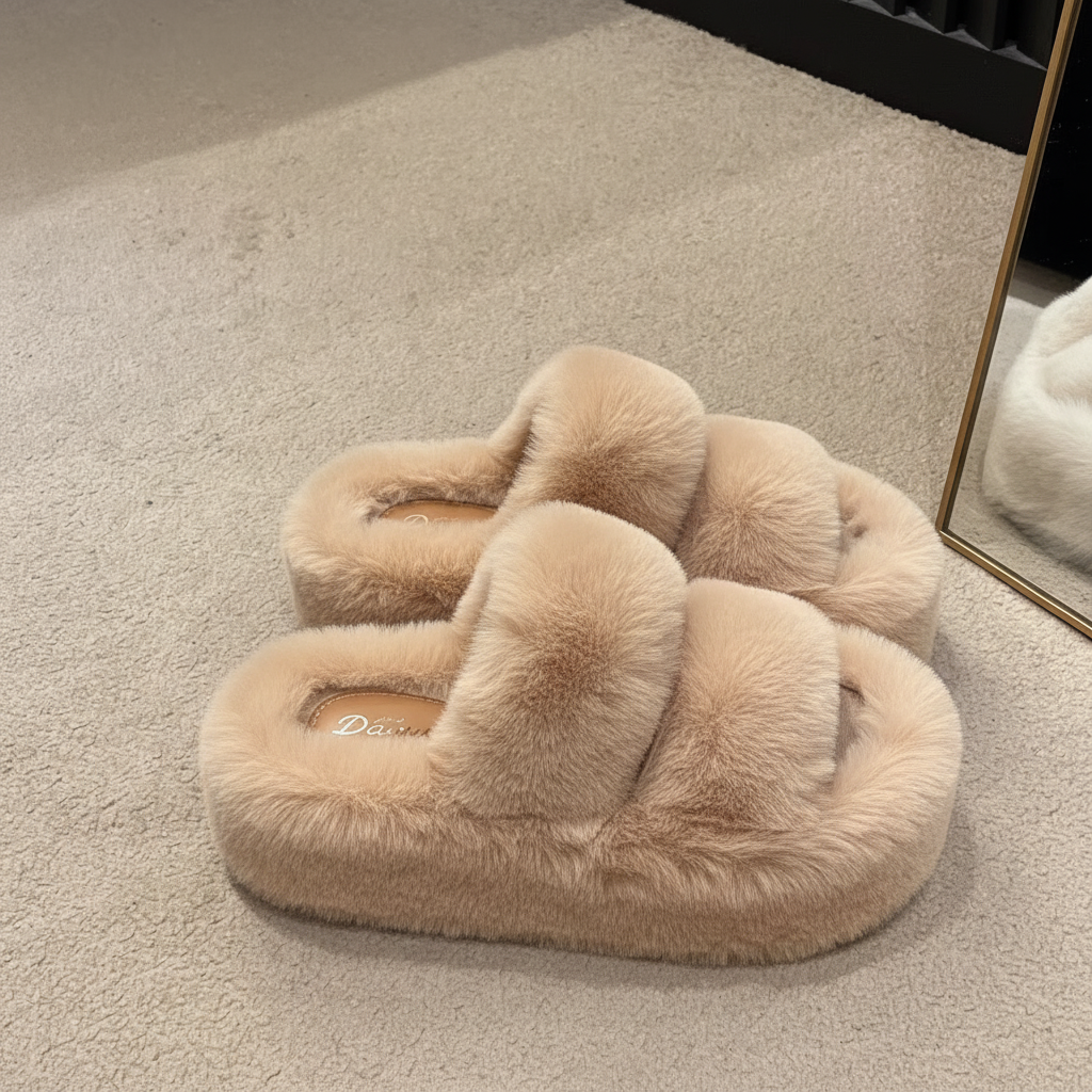 Beige Parallel Faux Fur Slippers