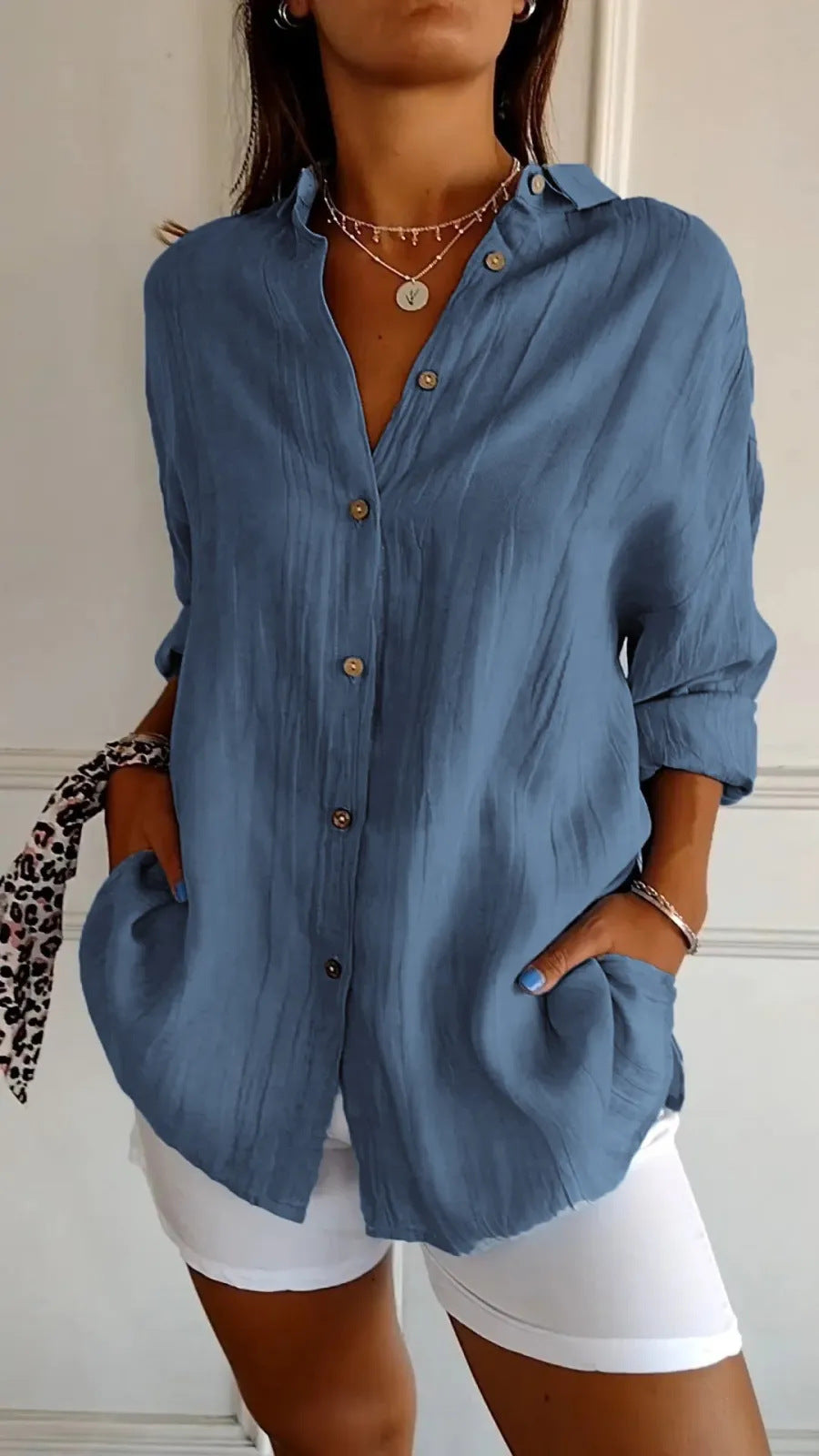 Pleated Long-Sleeve Shirt – Single-Breasted Lapel Top