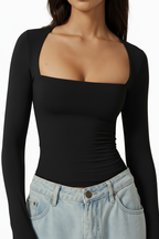 Black square neck top close-up