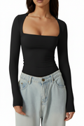 Black square neck top full view