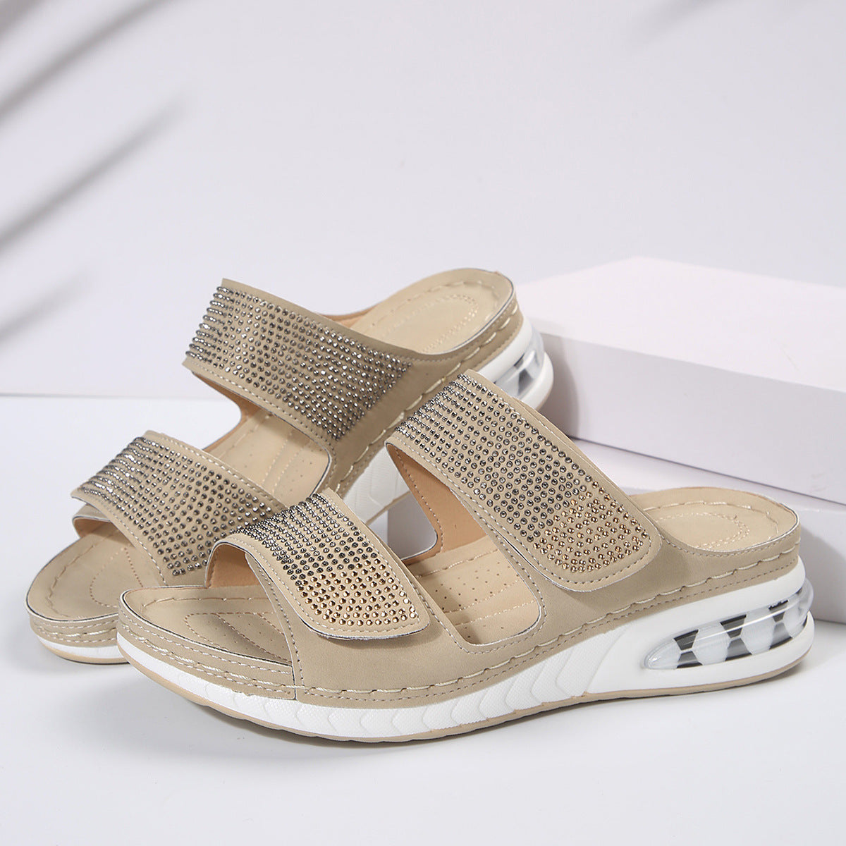 Rhinestone Wedge Slide Sandals – Comfortable Platform Open Toe Slides - Luxxella