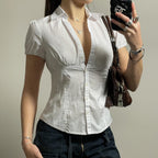 White Polo Shirt – Slim Waist V Neck Short Sleeve Shirt - Luxxella