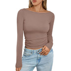 Slim Long‑Sleeve Crop Top – Solid Round Neck Casual Ribbed Shirt - Luxxella