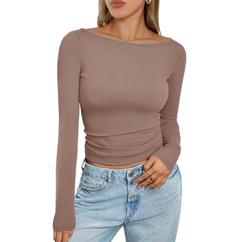 Slim Long‑Sleeve Crop Top – Solid Round Neck Casual Ribbed Shirt - Luxxella