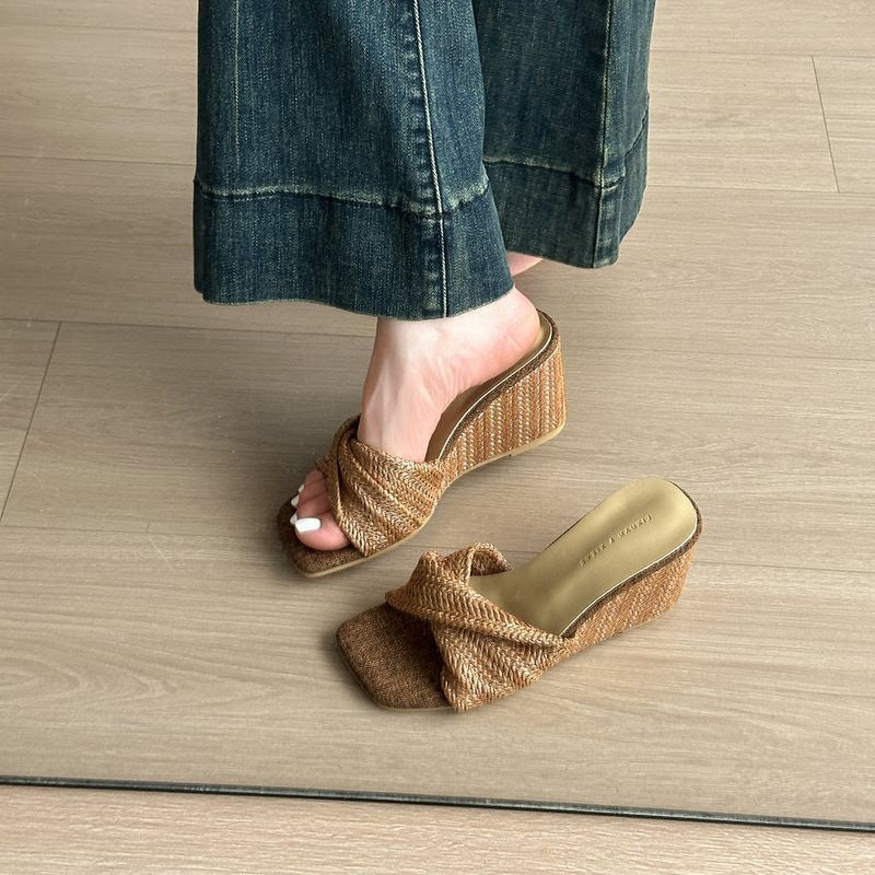 Casual Wedge Heel Slide Sandals – Open Toe One‑Strap Retro Style - Luxxella
