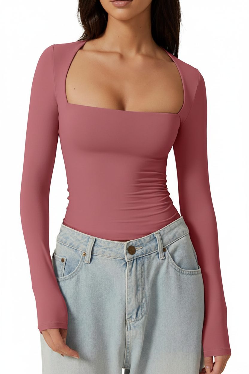 Dusty Rose Pink Square-Neck Crop Top