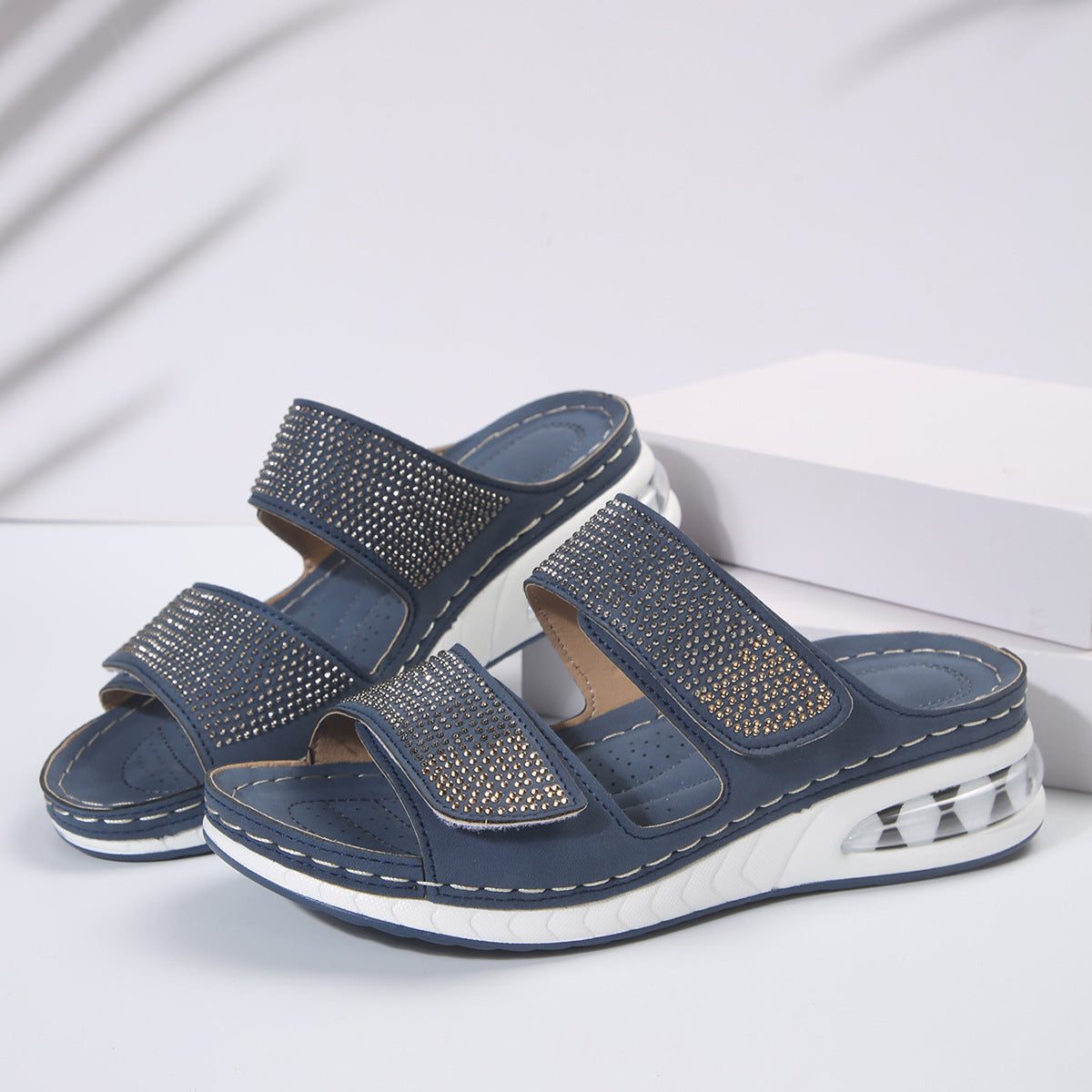Rhinestone Wedge Slide Sandals – Comfortable Platform Open Toe Slides - Luxxella