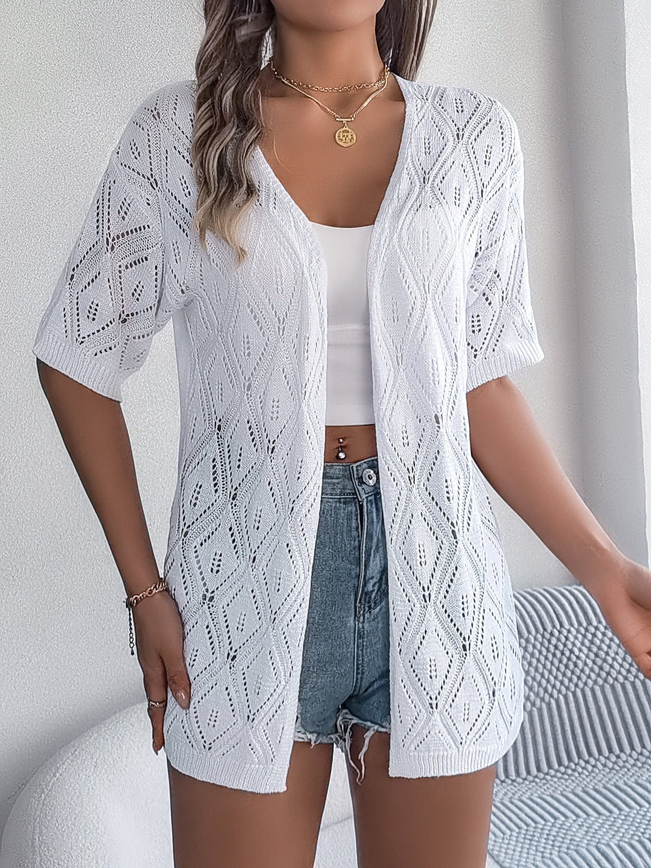 Open Front Crochet Knit Cover Up – Short Sleeve Beach Cardigan - Luxxella