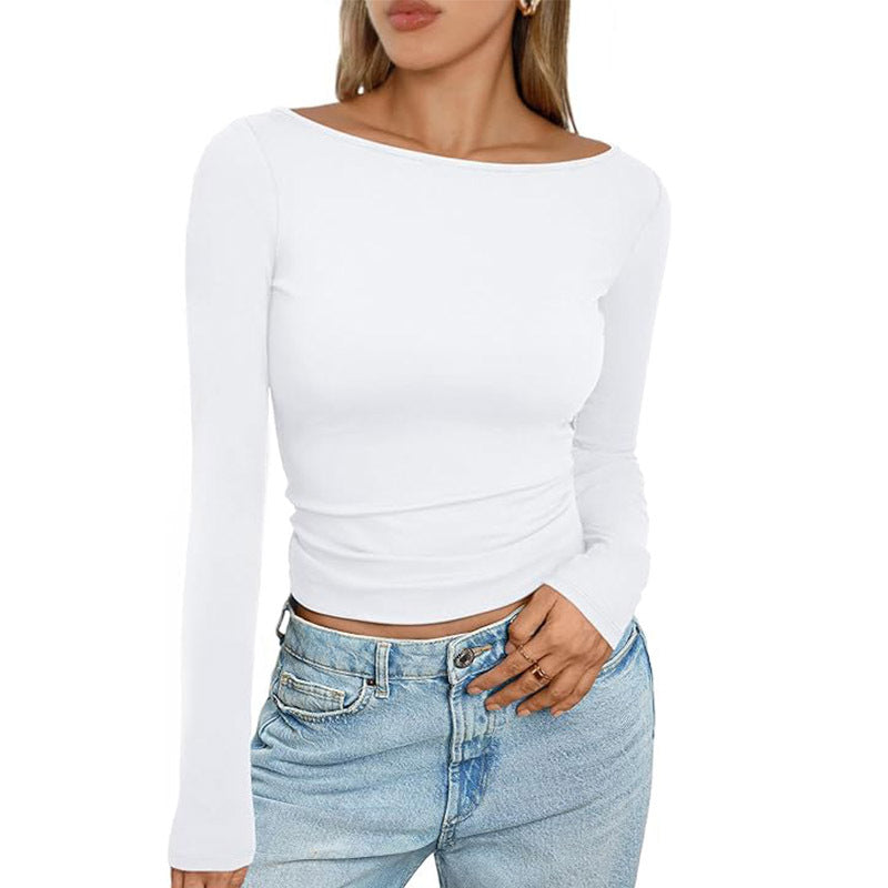 Slim Long‑Sleeve Crop Top – Solid Round Neck Casual Ribbed Shirt - Luxxella