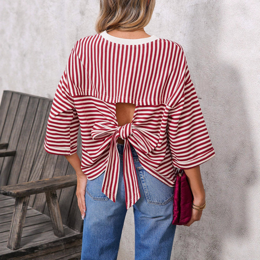 Women’s Striped Knit Top – Crew Neck Back Tie Bow Sweater Top
