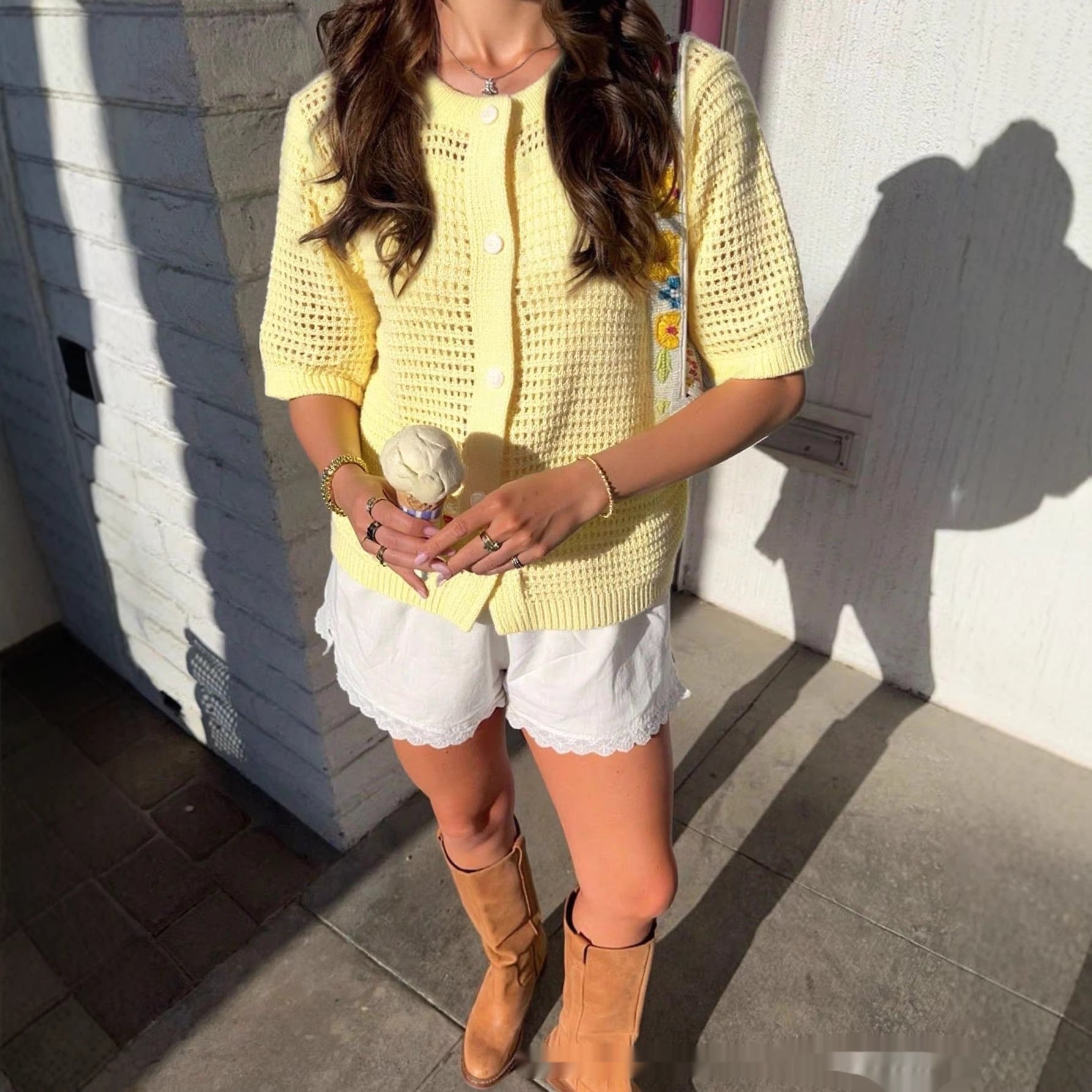 Knitted Summer Cardigan Jacket – Hollow-Out Short-Sleeve Blouse