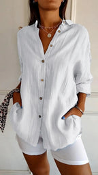 Pleated Long-Sleeve Shirt – Single-Breasted Lapel Top - Luxxella