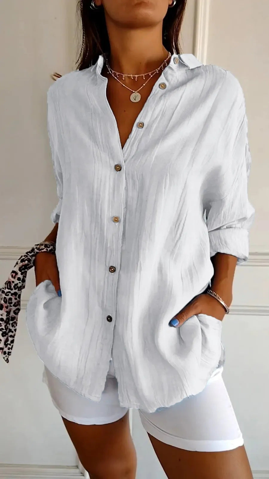 Pleated Long-Sleeve Shirt – Single-Breasted Lapel Top