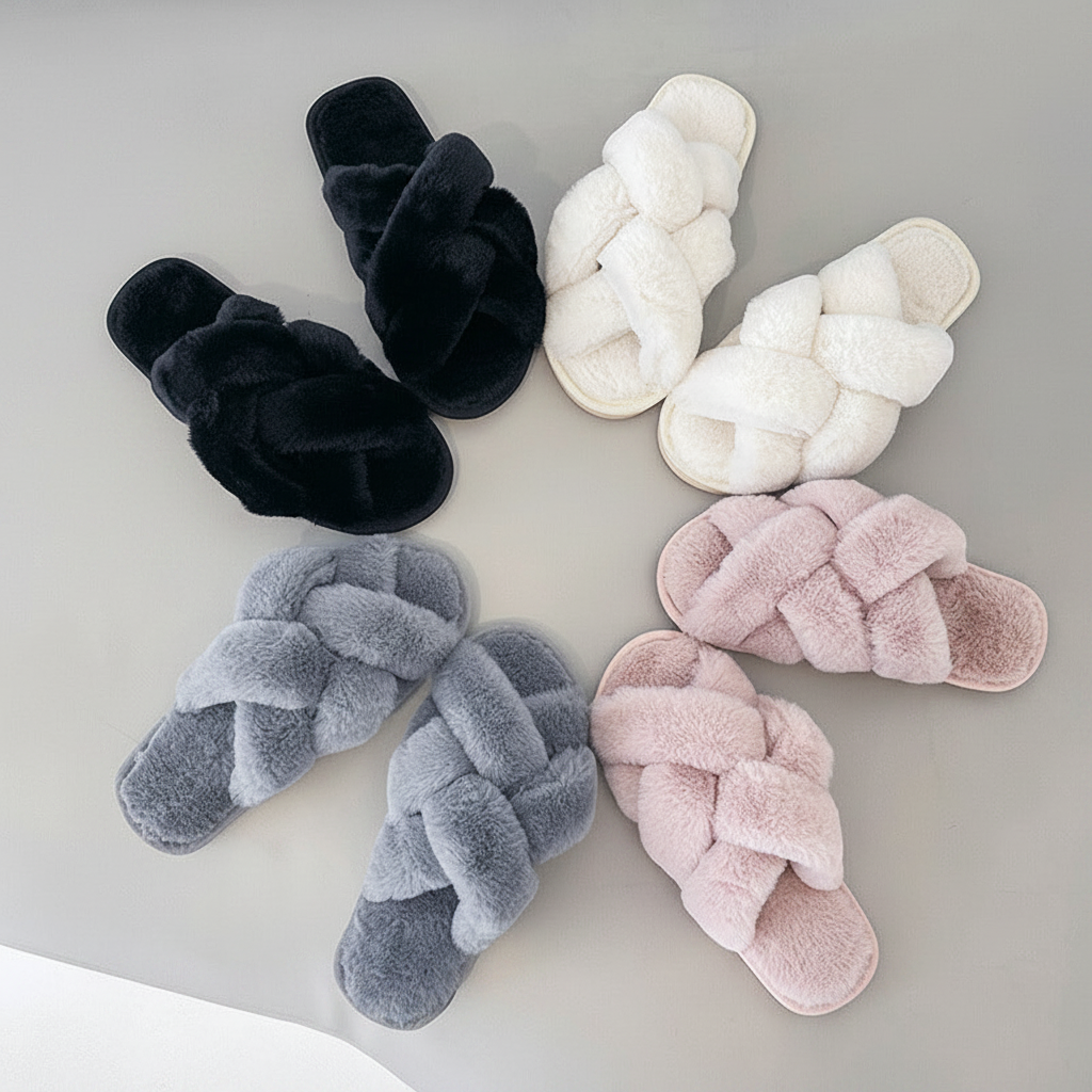 Fluffy Cross-Band Slippers – Professional Product Shot