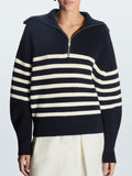 Women’s Breton Stripe Quarter-Zip Jumper - Fall Winter Heavyweight Wool-Cotton Sweater