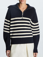 Women’s Breton Stripe Quarter-Zip Jumper - Fall Winter Heavyweight Wool-Cotton Sweater