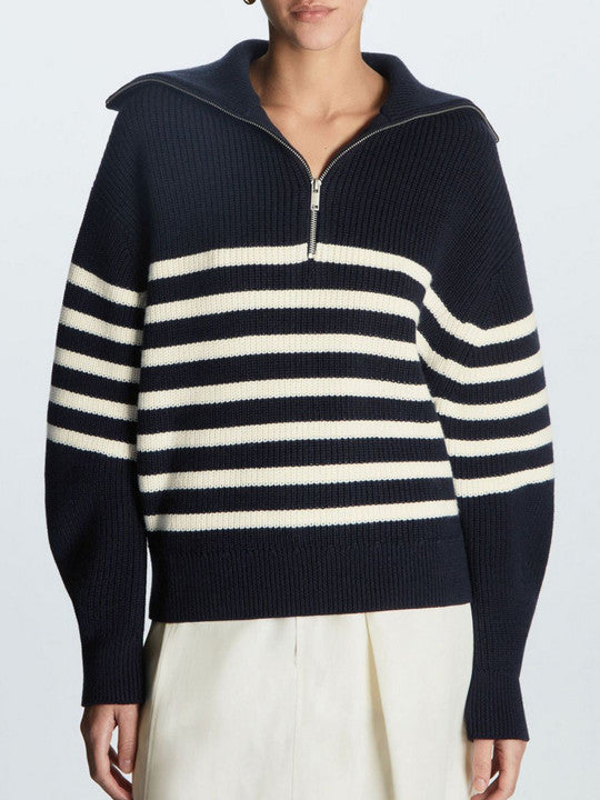 Women’s Breton Stripe Quarter-Zip Jumper - Fall Winter Heavyweight Wool-Cotton Sweater