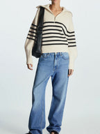 Women’s Breton Stripe Quarter-Zip Jumper - Fall Winter Heavyweight Wool-Cotton Sweater
