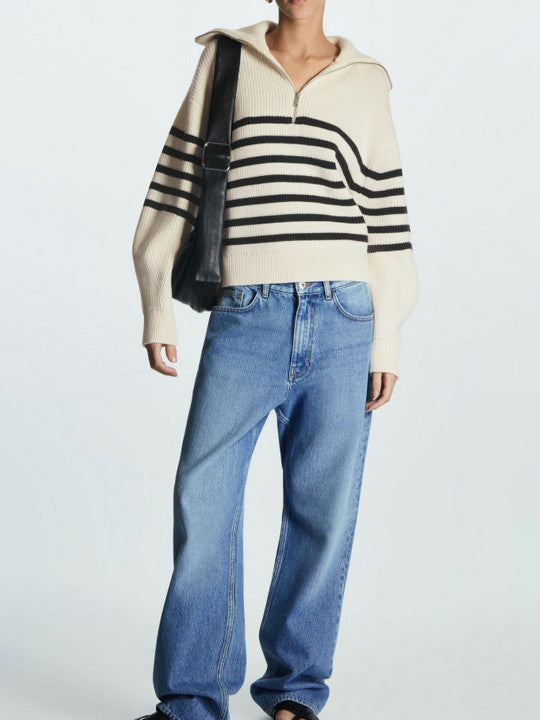 Women’s Breton Stripe Quarter-Zip Jumper - Fall Winter Heavyweight Wool-Cotton Sweater
