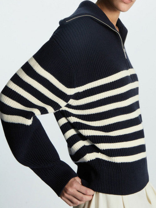 Women’s Breton Stripe Quarter-Zip Jumper - Fall Winter Heavyweight Wool-Cotton Sweater