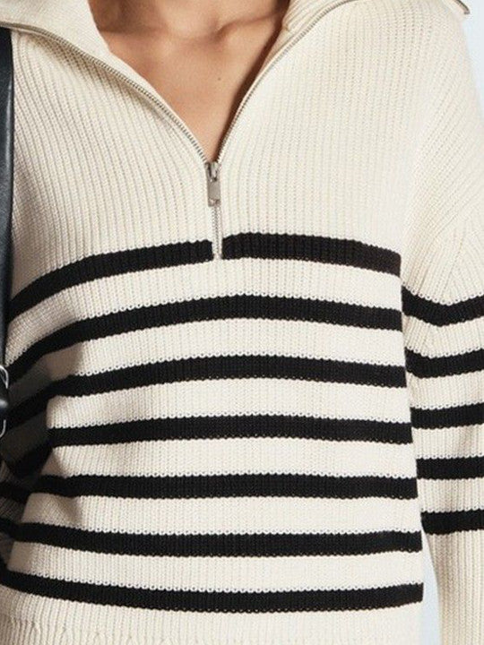 Women’s Breton Stripe Quarter-Zip Jumper - Fall Winter Heavyweight Wool-Cotton Sweater